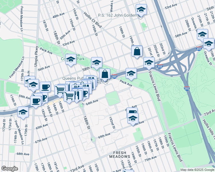 map of restaurants, bars, coffee shops, grocery stores, and more near 60-5F 194th Street in Queens