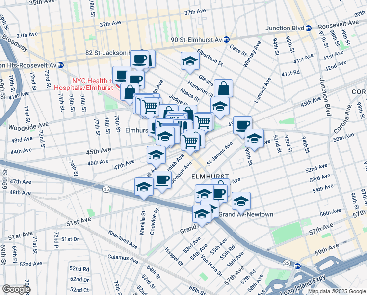 map of restaurants, bars, coffee shops, grocery stores, and more near Broadway & Whitney Ave in Queens