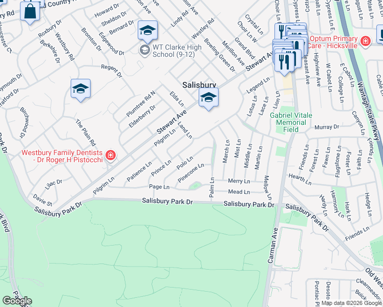 map of restaurants, bars, coffee shops, grocery stores, and more near 18 Prince Lane in Westbury