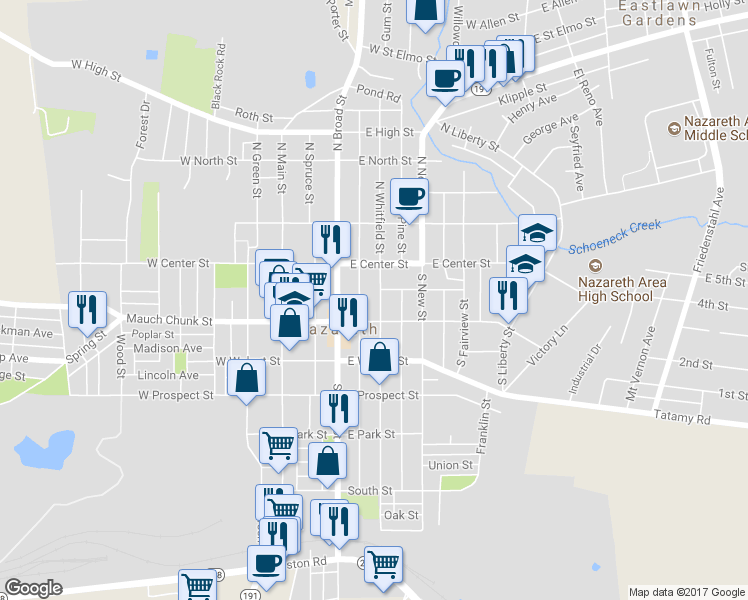 map of restaurants, bars, coffee shops, grocery stores, and more near 46 South Whitfield Street in Nazareth