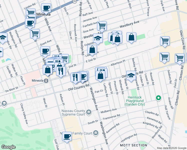 map of restaurants, bars, coffee shops, grocery stores, and more near 39 Geranium Avenue in Mineola