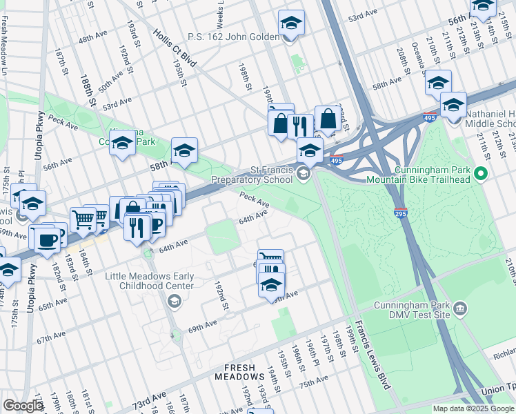 map of restaurants, bars, coffee shops, grocery stores, and more near 195-60A Peck Avenue in Queens