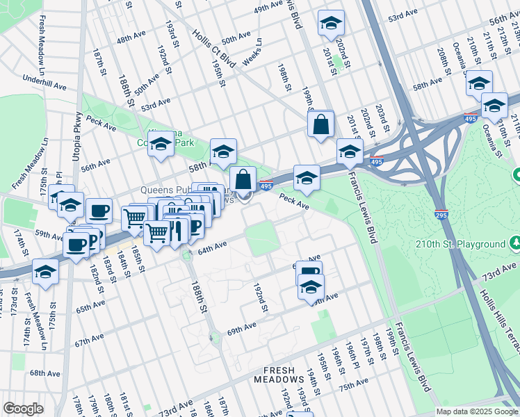 map of restaurants, bars, coffee shops, grocery stores, and more near 60-5F 194th Street in Queens