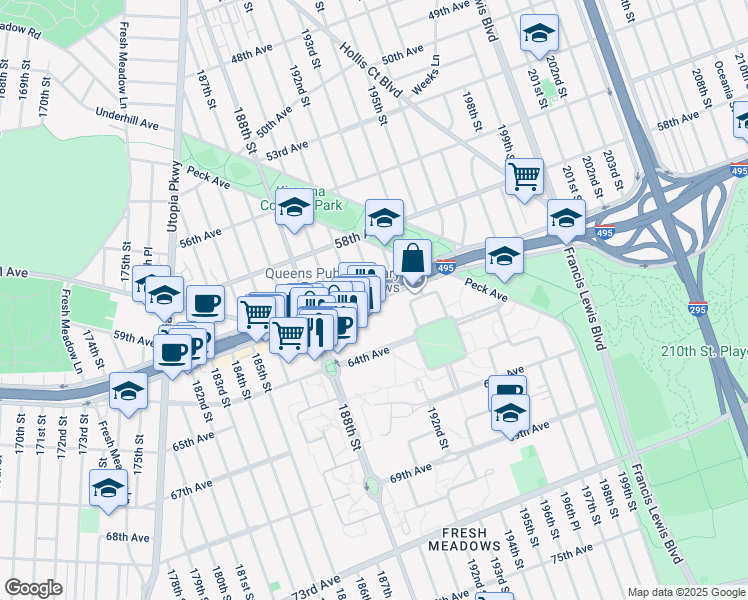 map of restaurants, bars, coffee shops, grocery stores, and more near 193-40 Horace Harding Expressway in Queens