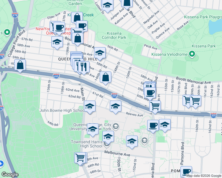 map of restaurants, bars, coffee shops, grocery stores, and more near 148-07 Horace Harding Expressway in Queens
