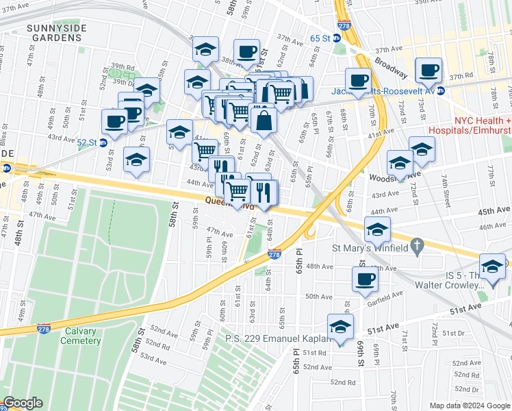 map of restaurants, bars, coffee shops, grocery stores, and more near 63-11 Queens Boulevard in Queens