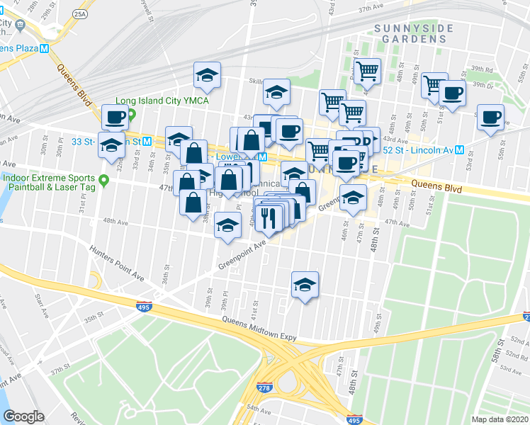 map of restaurants, bars, coffee shops, grocery stores, and more near 40-04 47th Avenue in Queens