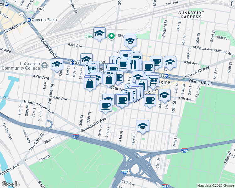 map of restaurants, bars, coffee shops, grocery stores, and more near 40-04 47th Avenue in Queens