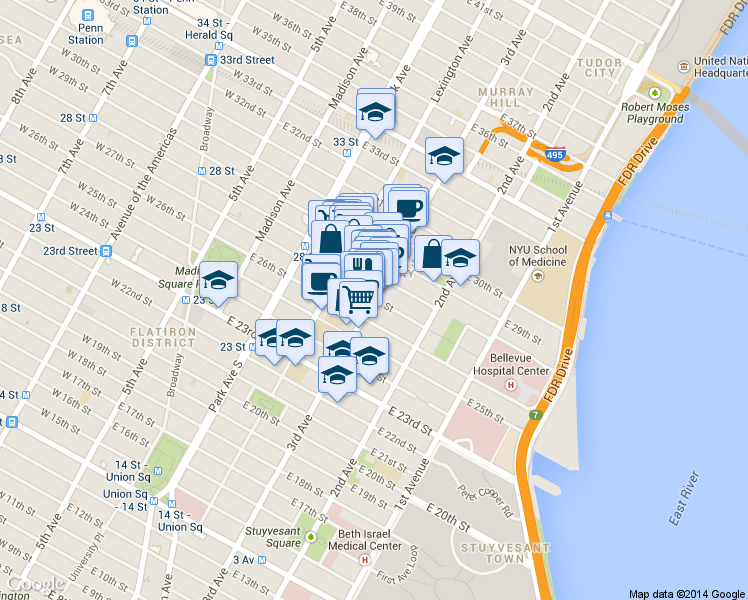 map of restaurants, bars, coffee shops, grocery stores, and more near in New York