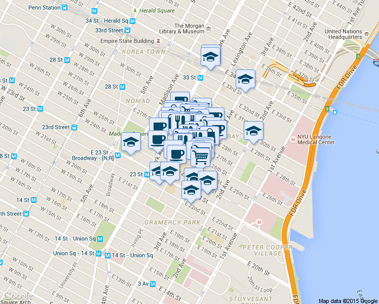 map of restaurants, bars, coffee shops, grocery stores, and more near 68 Lexington Avenue in New York