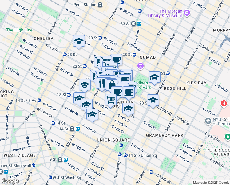 map of restaurants, bars, coffee shops, grocery stores, and more near 32 West 22nd Street in New York