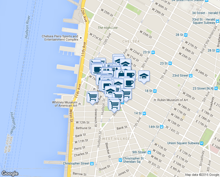 map of restaurants, bars, coffee shops, grocery stores, and more near 359 West 15th Street in New York