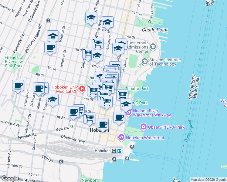 map of restaurants, bars, coffee shops, grocery stores, and more near 407 Washington Street in Hoboken