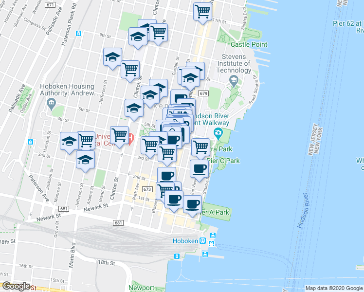map of restaurants, bars, coffee shops, grocery stores, and more near 407 Washington Street in Hoboken