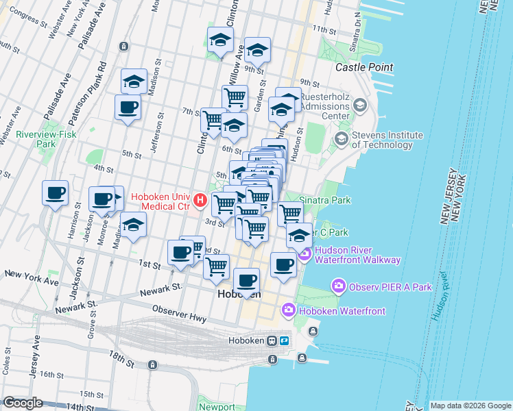 map of restaurants, bars, coffee shops, grocery stores, and more near 407 Washington Street in Hoboken