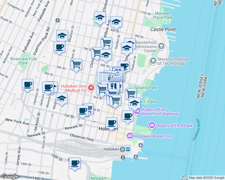map of restaurants, bars, coffee shops, grocery stores, and more near 167 4th Street in Hoboken