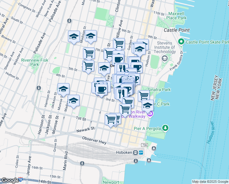 map of restaurants, bars, coffee shops, grocery stores, and more near 336 Park Avenue in Hoboken