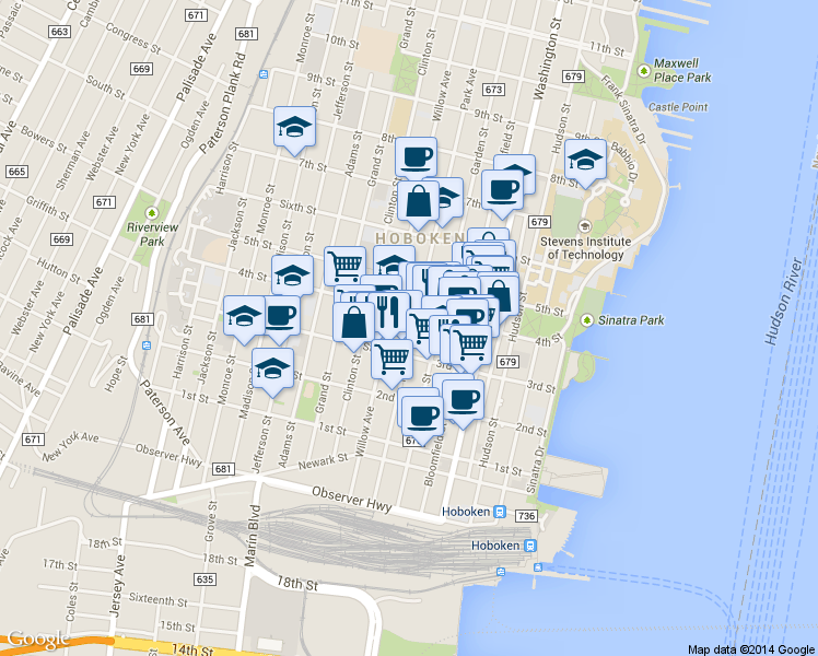 map of restaurants, bars, coffee shops, grocery stores, and more near 336 Park Avenue in Hoboken
