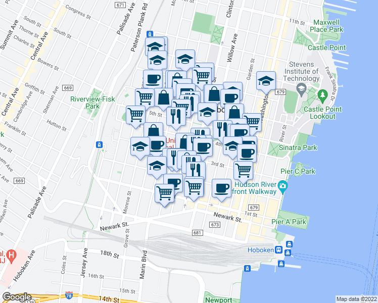map of restaurants, bars, coffee shops, grocery stores, and more near in Hoboken