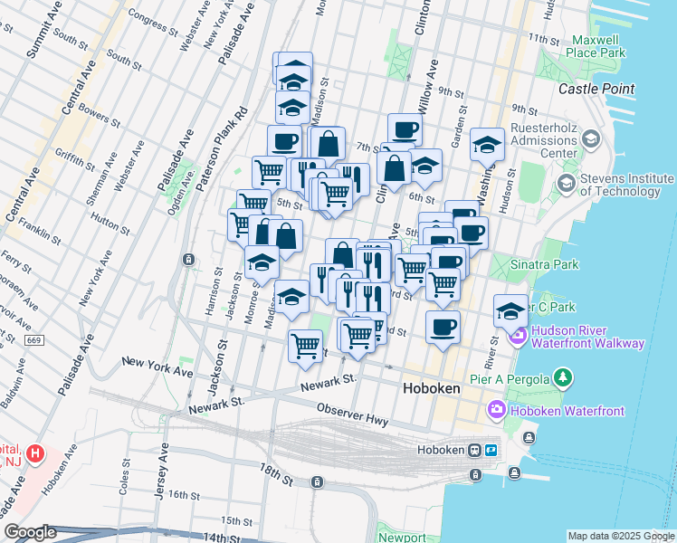 map of restaurants, bars, coffee shops, grocery stores, and more near in Hoboken