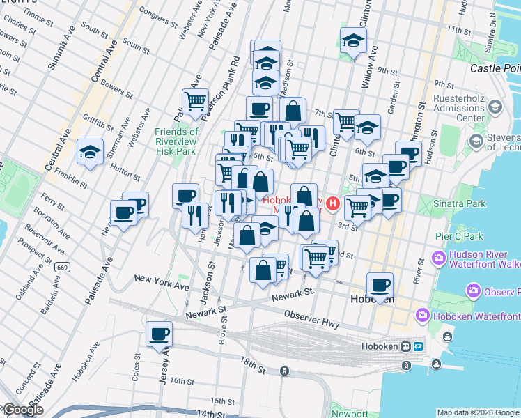 map of restaurants, bars, coffee shops, grocery stores, and more near 300 Madison Street in Hoboken