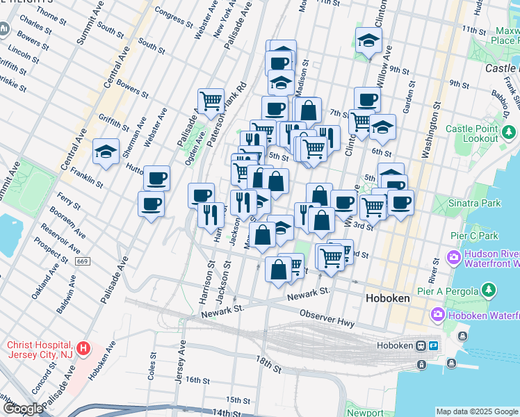 map of restaurants, bars, coffee shops, grocery stores, and more near 300 Madison Street in Hoboken