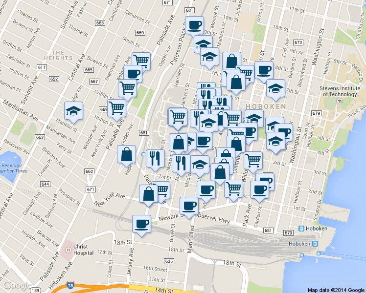 map of restaurants, bars, coffee shops, grocery stores, and more near 3rd Street in Hoboken