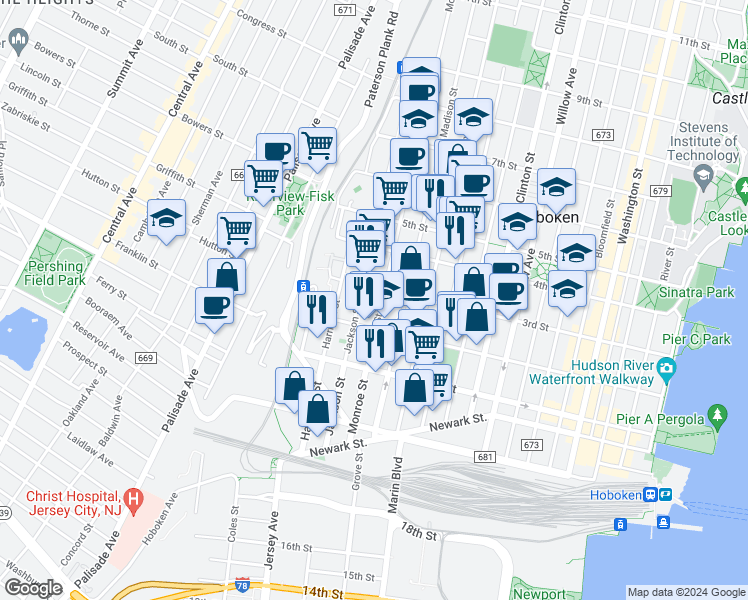 map of restaurants, bars, coffee shops, grocery stores, and more near 229 Jackson Street in Hoboken