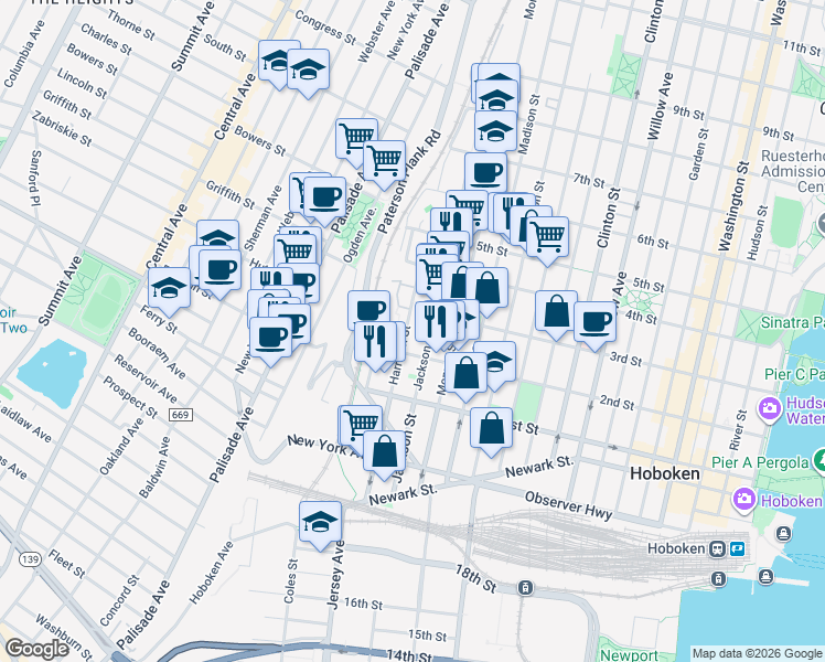 map of restaurants, bars, coffee shops, grocery stores, and more near 210 Harrison Street in Hoboken