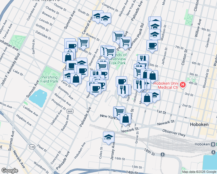 map of restaurants, bars, coffee shops, grocery stores, and more near 220 Ogden Avenue in Jersey City