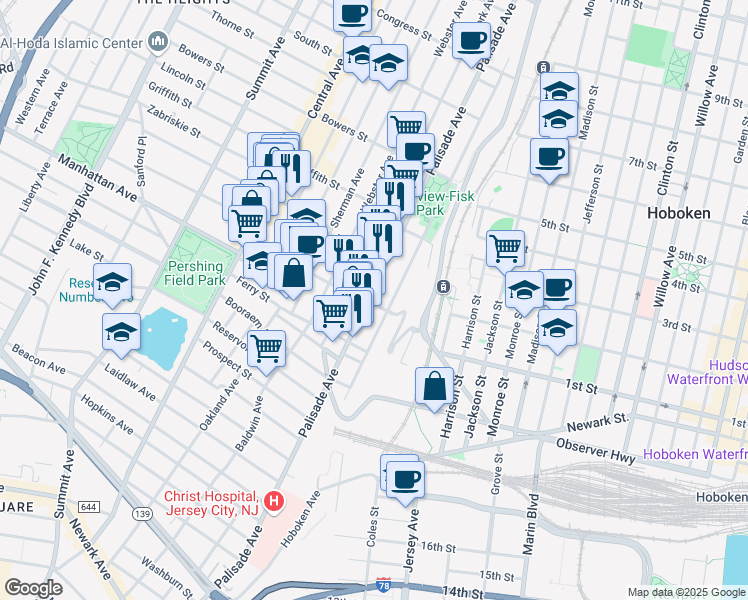 map of restaurants, bars, coffee shops, grocery stores, and more near 398 Palisade Avenue in Jersey City