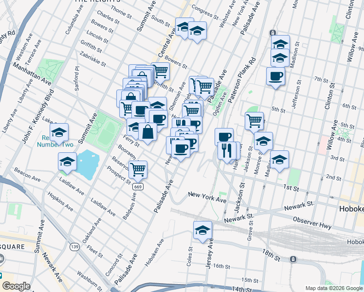 map of restaurants, bars, coffee shops, grocery stores, and more near 398 Palisade Avenue in Jersey City