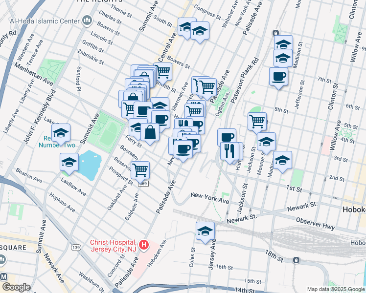 map of restaurants, bars, coffee shops, grocery stores, and more near 398 Palisade Avenue in Jersey City