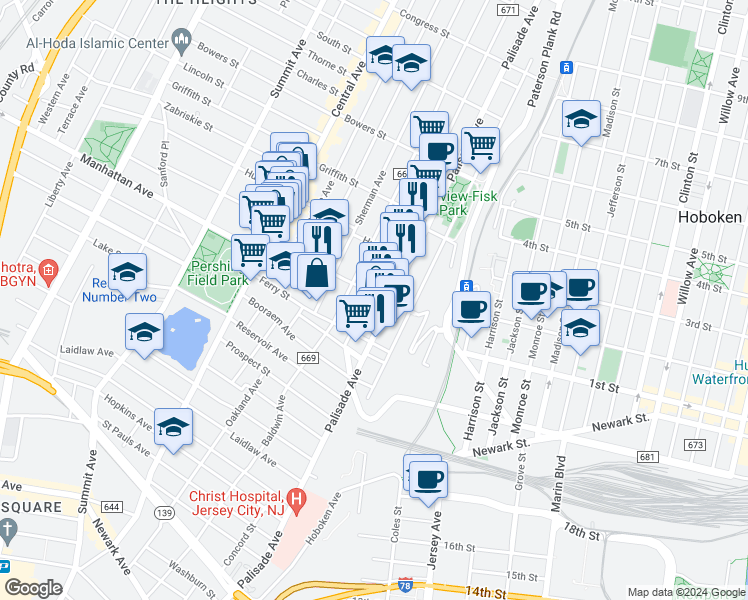 map of restaurants, bars, coffee shops, grocery stores, and more near 63 Franklin Street in Jersey City