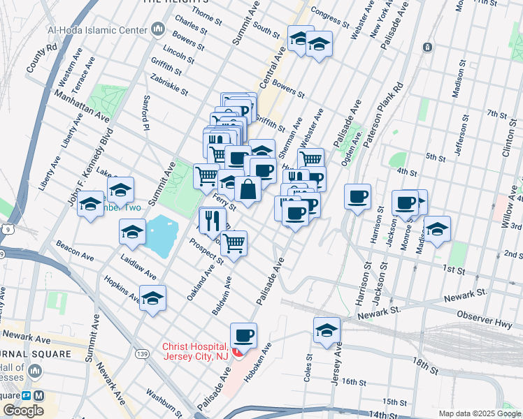 map of restaurants, bars, coffee shops, grocery stores, and more near 19 Sherman Avenue in Jersey City