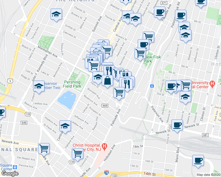 map of restaurants, bars, coffee shops, grocery stores, and more near 19 Sherman Avenue in Jersey City