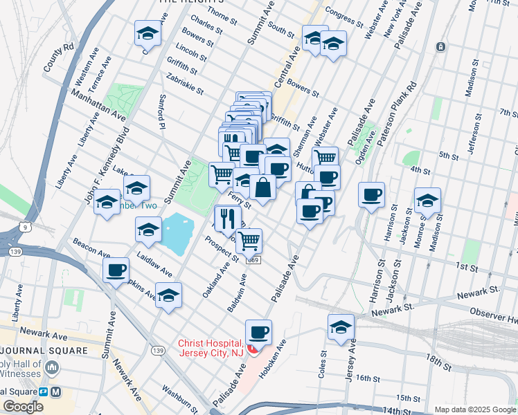 map of restaurants, bars, coffee shops, grocery stores, and more near 100 Ferry Street in Jersey City