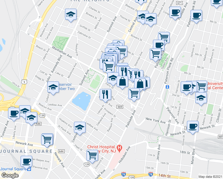 map of restaurants, bars, coffee shops, grocery stores, and more near 100 Ferry Street in Jersey City