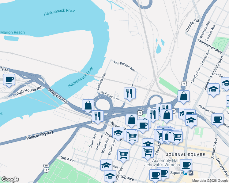 map of restaurants, bars, coffee shops, grocery stores, and more near 81-1 Meadow Street in Jersey City
