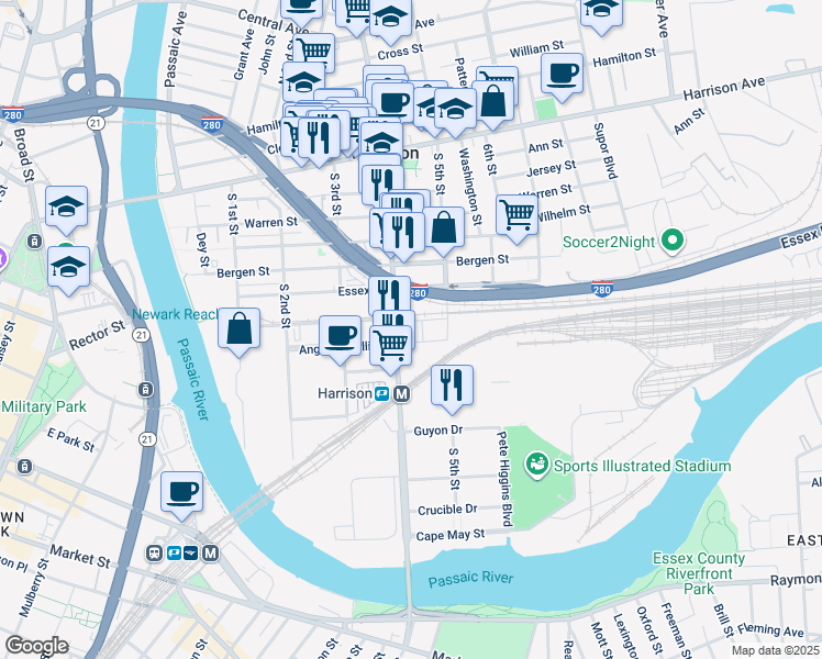 map of restaurants, bars, coffee shops, grocery stores, and more near 600 Frank E Rodgers Boulevard South in Harrison