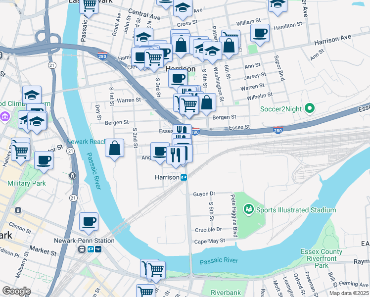 map of restaurants, bars, coffee shops, grocery stores, and more near 600 Frank E Rodgers Boulevard South in Harrison