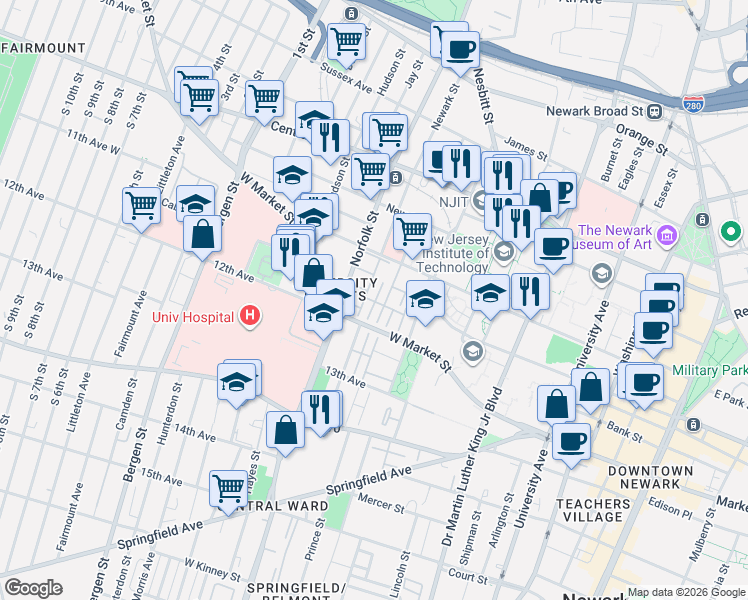 map of restaurants, bars, coffee shops, grocery stores, and more near 51 Marrow Street in Newark