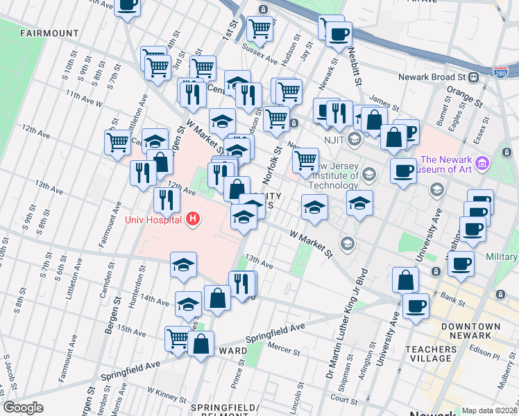 map of restaurants, bars, coffee shops, grocery stores, and more near in Newark