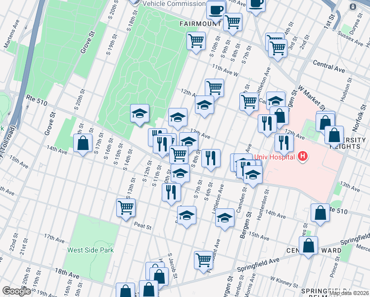 map of restaurants, bars, coffee shops, grocery stores, and more near 292 South 9th Street in Newark