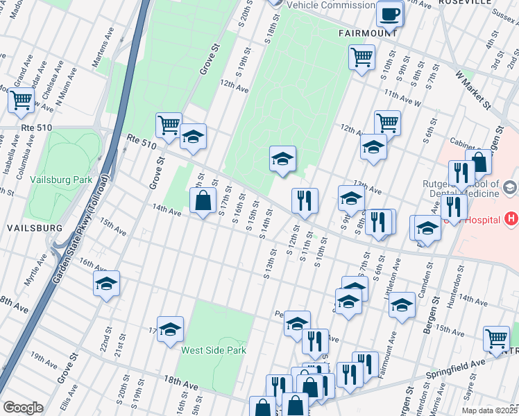 map of restaurants, bars, coffee shops, grocery stores, and more near 398 South 15th Street in Newark