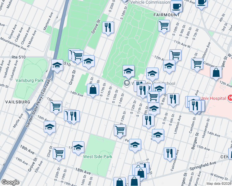 map of restaurants, bars, coffee shops, grocery stores, and more near 398 South 15th Street in Newark
