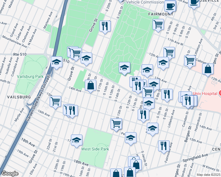 map of restaurants, bars, coffee shops, grocery stores, and more near 398 South 15th Street in Newark