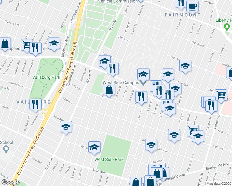 map of restaurants, bars, coffee shops, grocery stores, and more near 445 South 18th Street in Newark