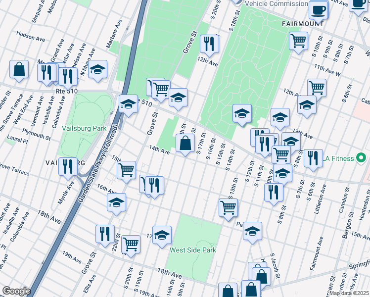 map of restaurants, bars, coffee shops, grocery stores, and more near 445 South 18th Street in Newark