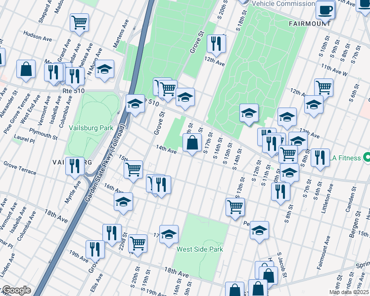 map of restaurants, bars, coffee shops, grocery stores, and more near 457 South 19th Street in Newark
